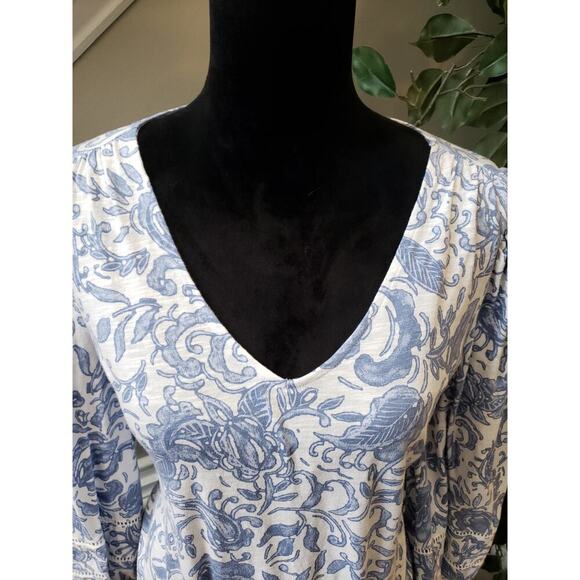 Women's INC Concepts Blue White Floral Print Top V Neck Drawstring Hem Small - Picture 7 of 13